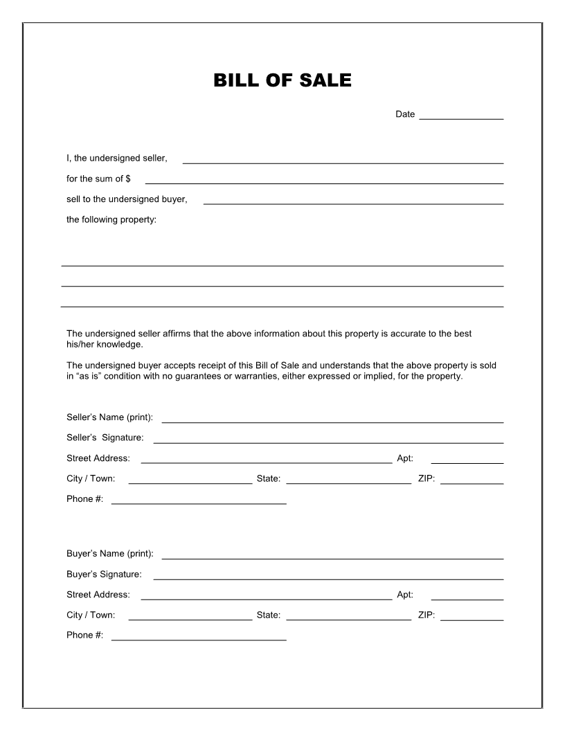 Blank Bill Of Sale Template Project Management Templates