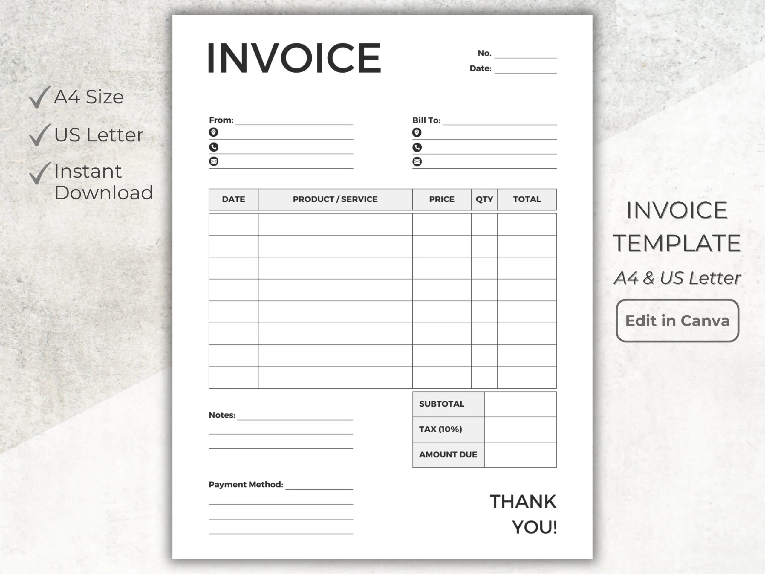 Blank Invoice Canva Template Printable PDF Billing Form Editable 