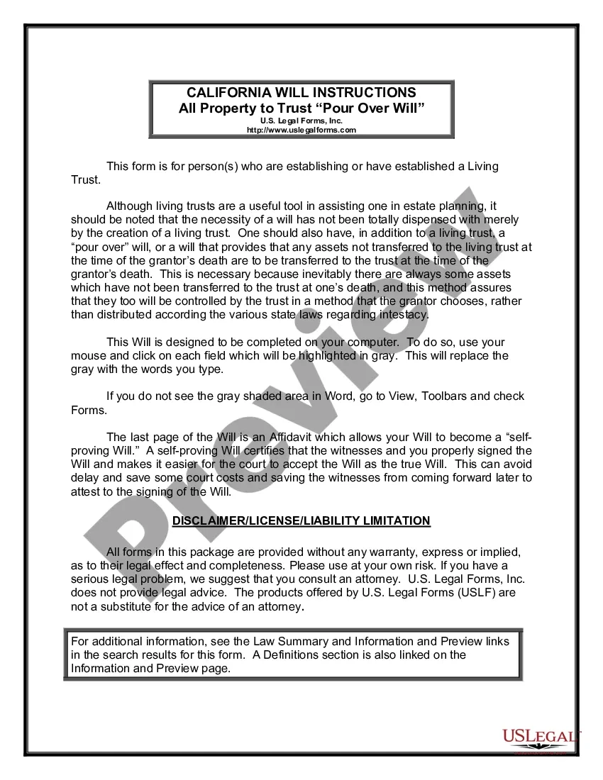 California Last Will And Testament With All Property To Trust Called A Pour Over Will Ca Legal Will US Legal Forms