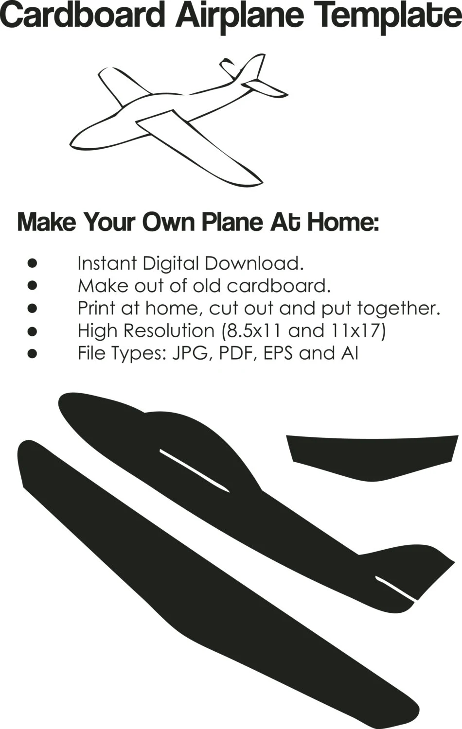 Cardboard Airplane Template Airplane Cutout On Paper Cardboard Airplane DIY Project INSTANT DOWNLOAD 09855 Etsy