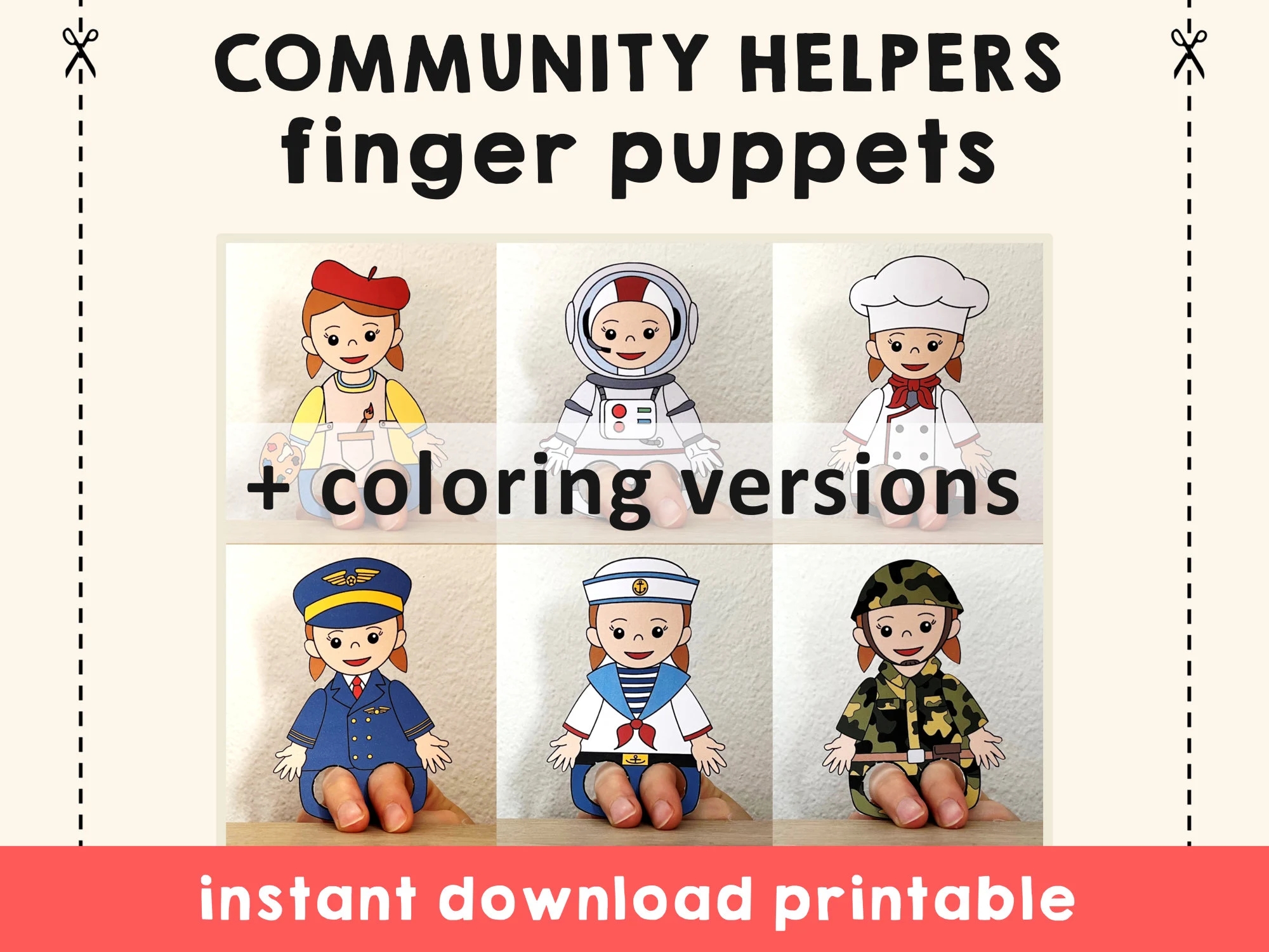 Community Helpers Paper Craft Printable Finger Puppet Template Kids Craft Career Day Birthday Party Coloring Puppet Printable Download Etsy