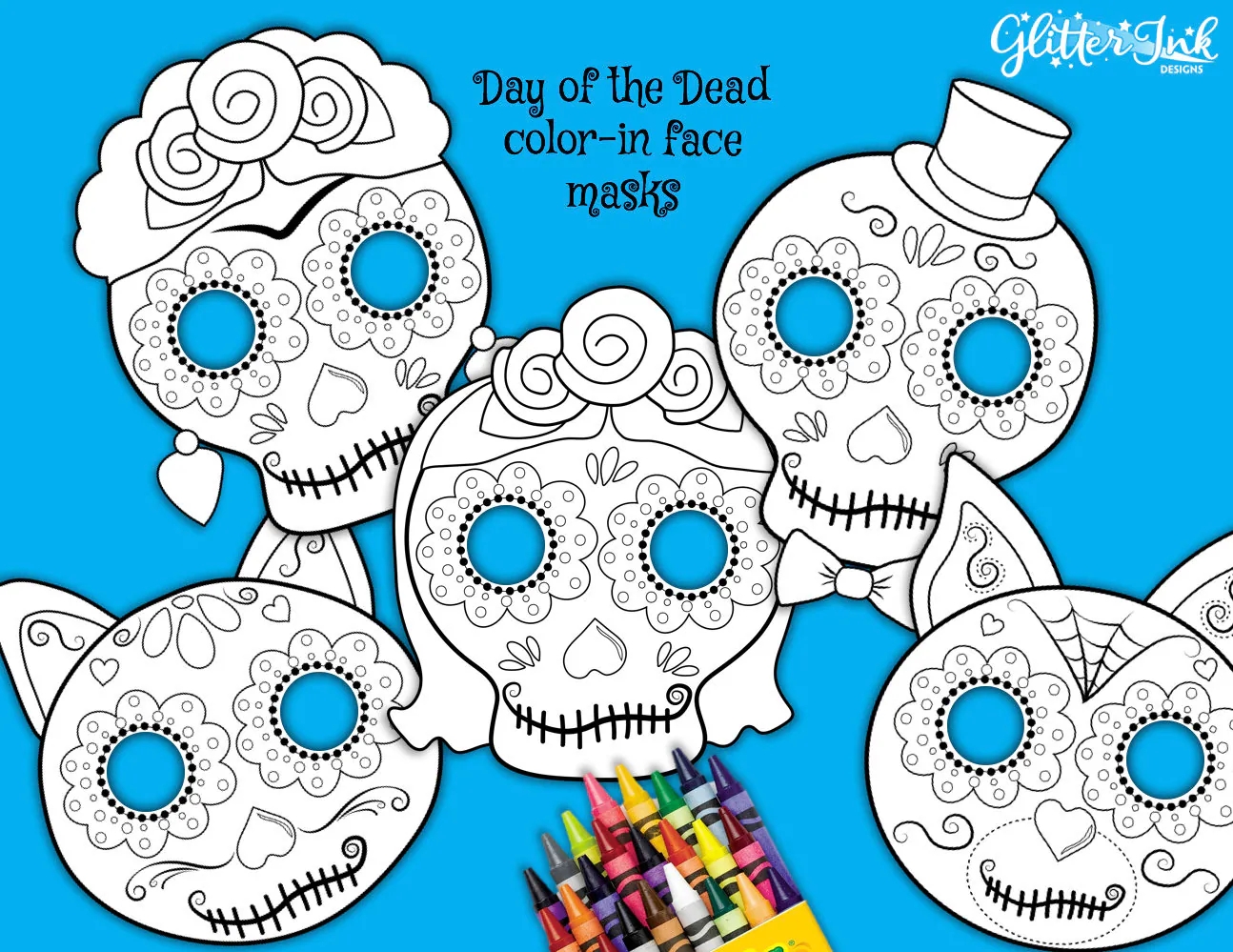 Day Of The Dead Sugar Skull Mask Coloring Pages Printable D a De Los Muertos Photo Booth Props Template With Cat Dog Frida U0026 Novios Masks Etsy