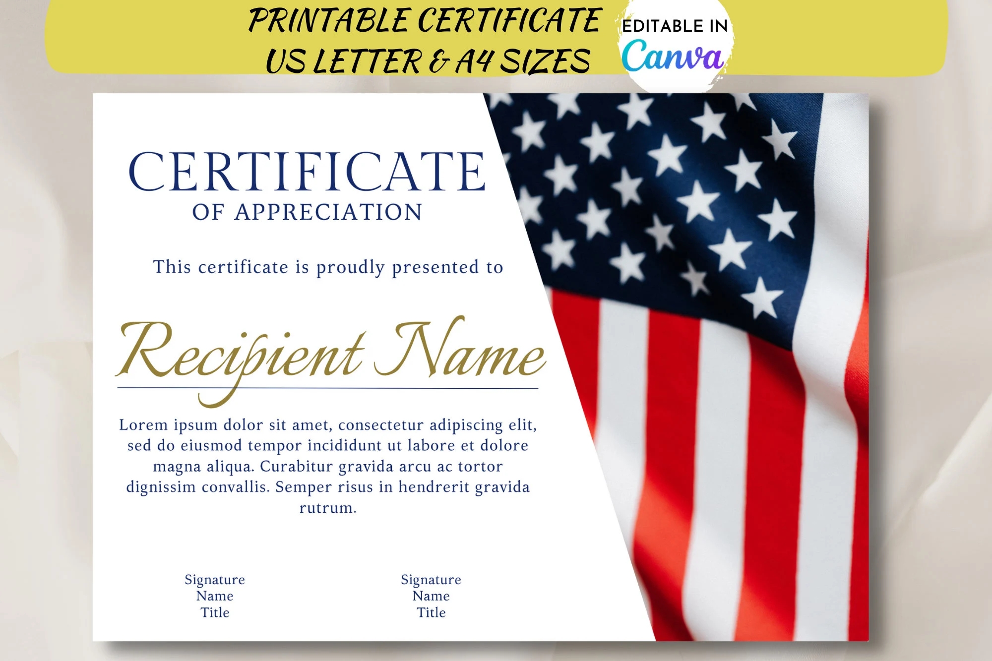 Editable American Flag Appreciation Certificate USA Veteran s Certificate Of Achievement Customizable Template Blank Certificate Canva Etsy