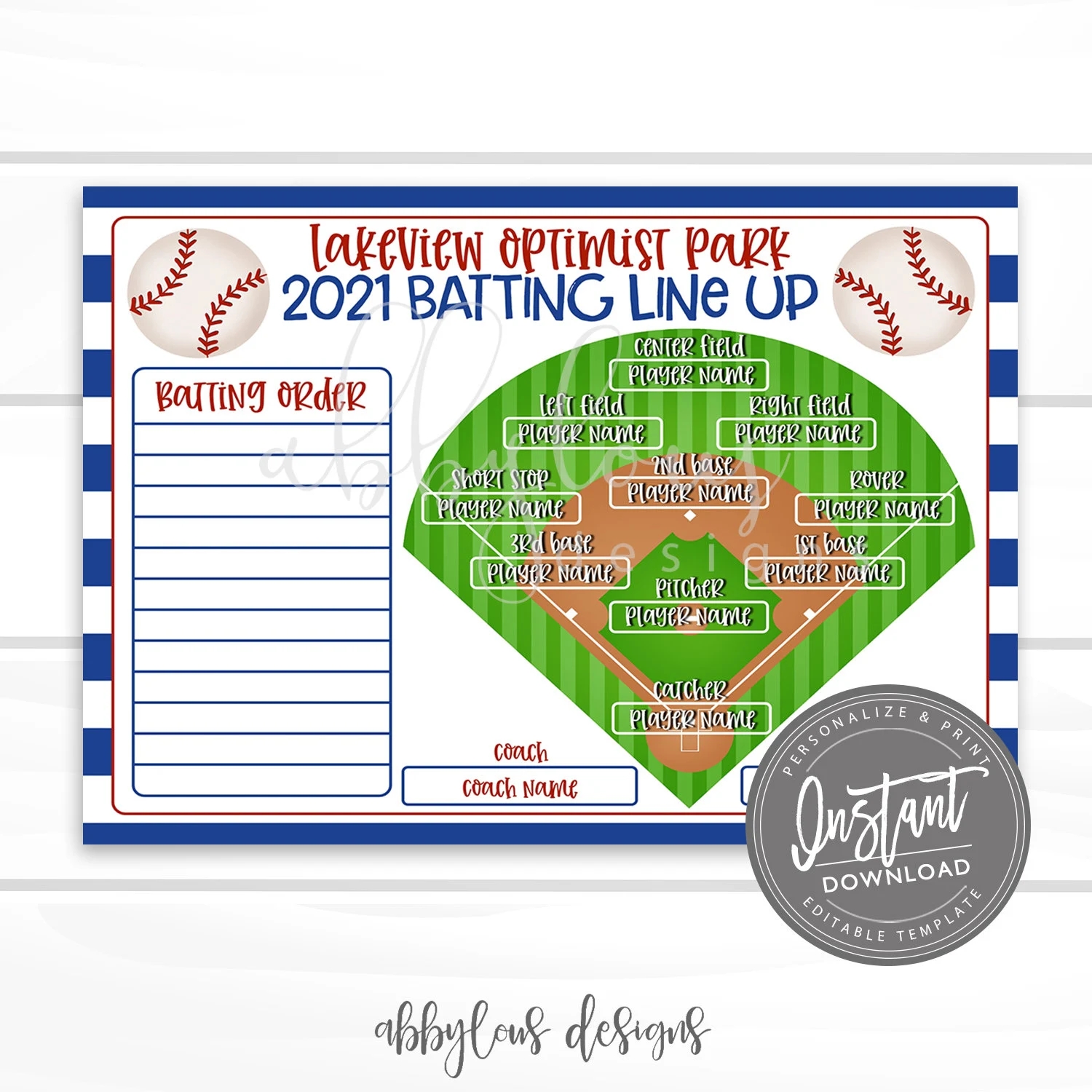 EDITABLE Baseball Batting Order Printable Batting Line Up Ball 