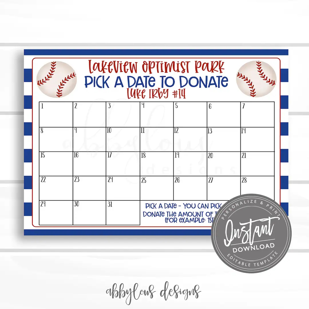EDITABLE Baseball Pick A Date To Donate Printable Baseball Fundraiser Fundraiser Editable Calendar Editable File Digital Template Etsy