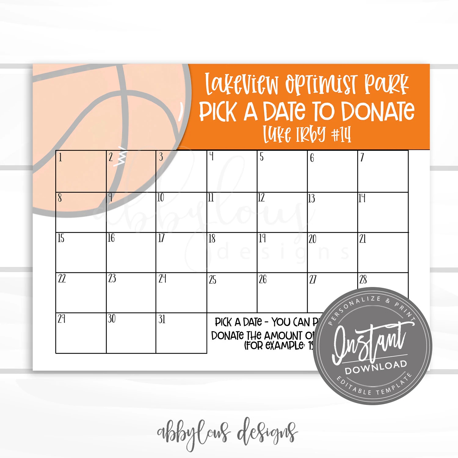 EDITABLE Basketball Fundraiser Calendar Pick A Date To Donate Printable Sports Fundraiser Editable File Digital Template Access Now Etsy
