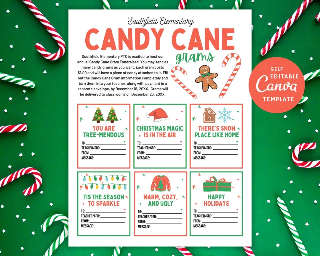Editable Candy Cane Gram Canva Template Holiday Christmas Grams Printable Etsy