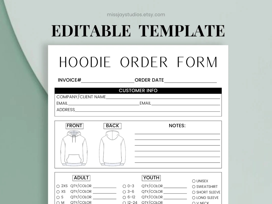 Editable Hoodie Order Form Template Custom Order Form Canva Template Printable Small Business Forms Etsy