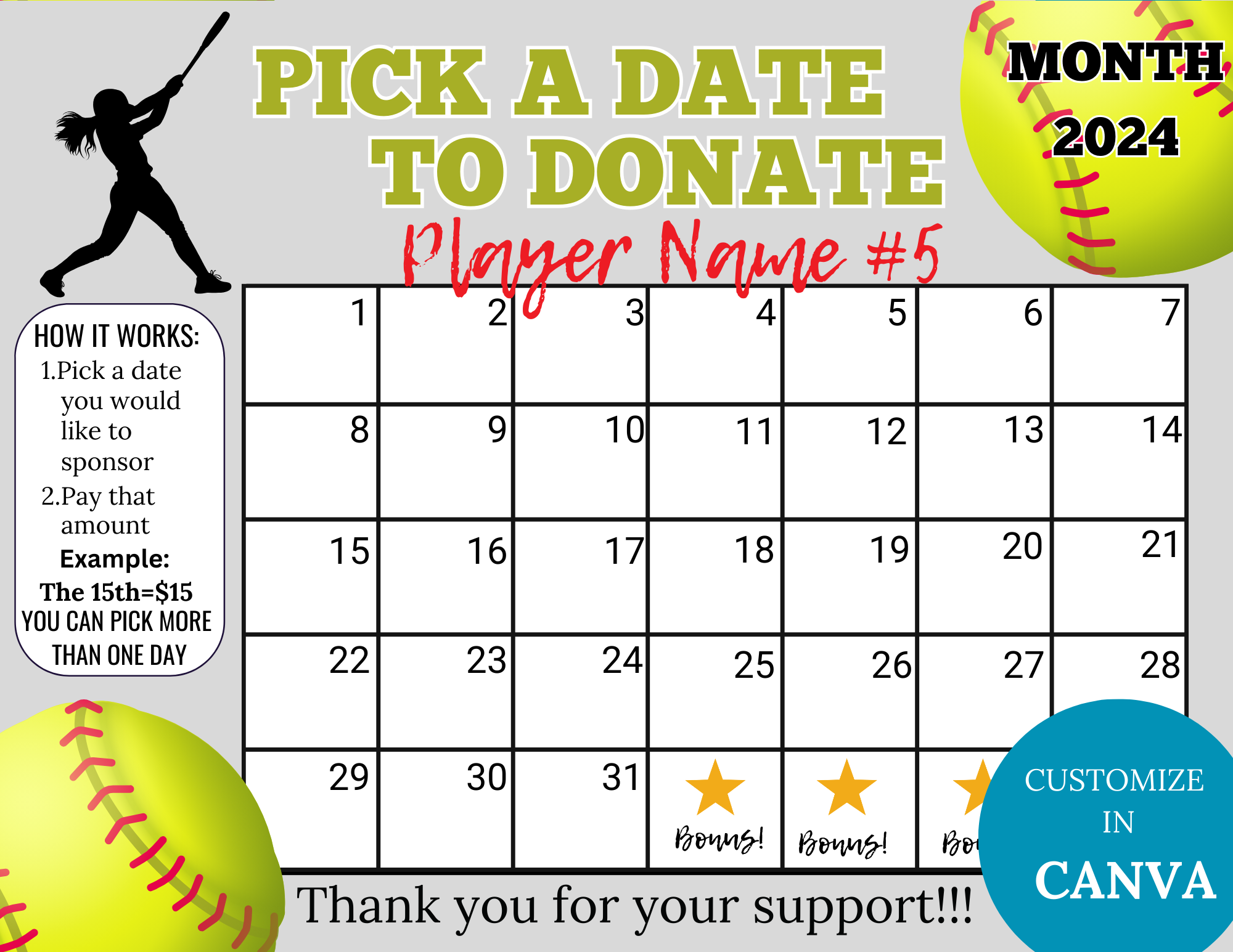 Editable Softball Pick A Date To Donate Calendar Fundraiser INSTANT DOWNLOAD 