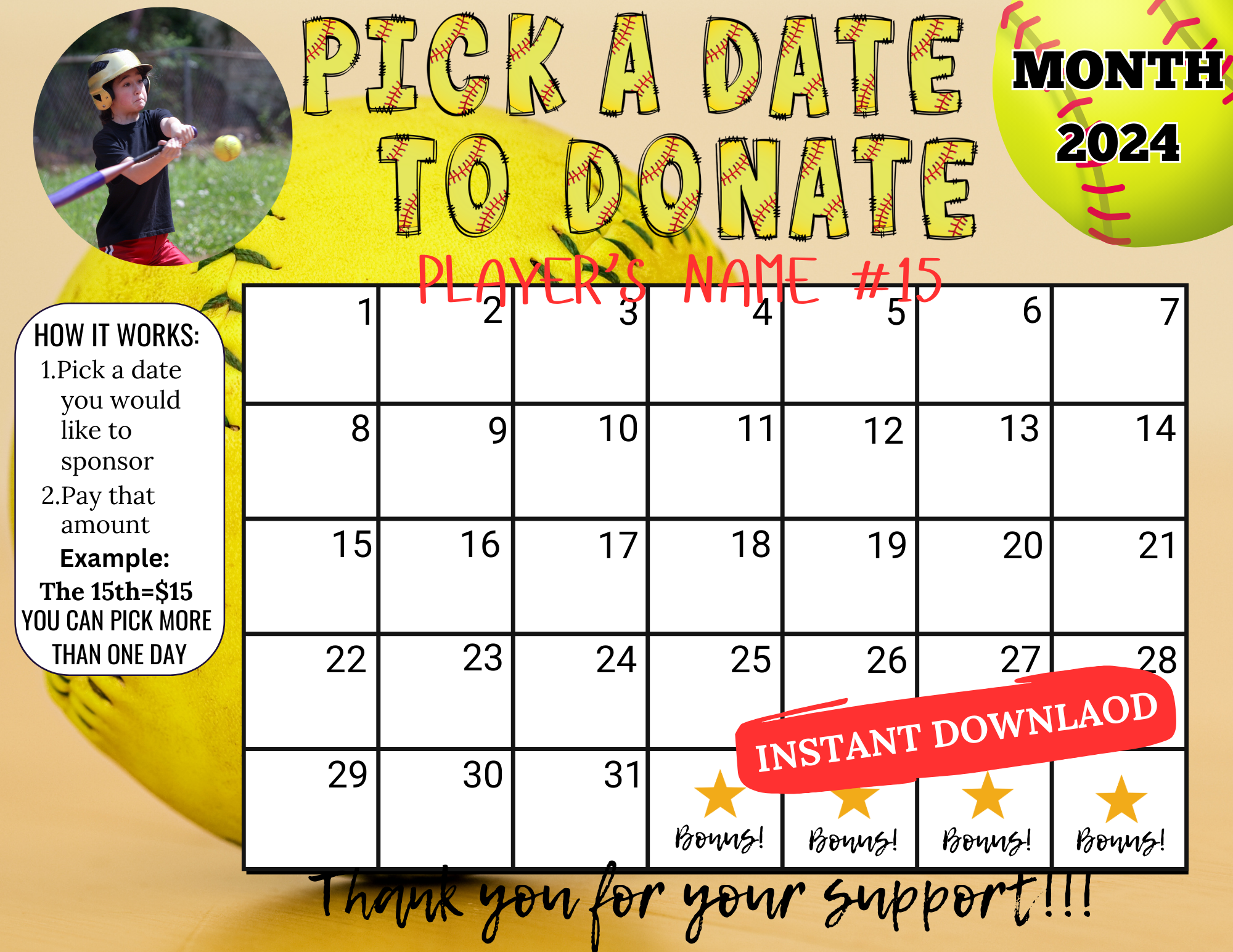 Editable Softball Pick A Date To Donate Calendar Fundraiser Printable Instant Download 