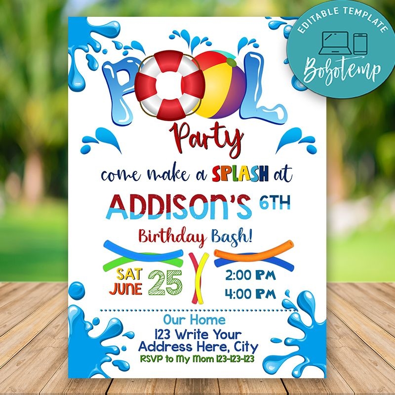 Editable Swimming Pool Party Invitations Instant Download Bobotemp