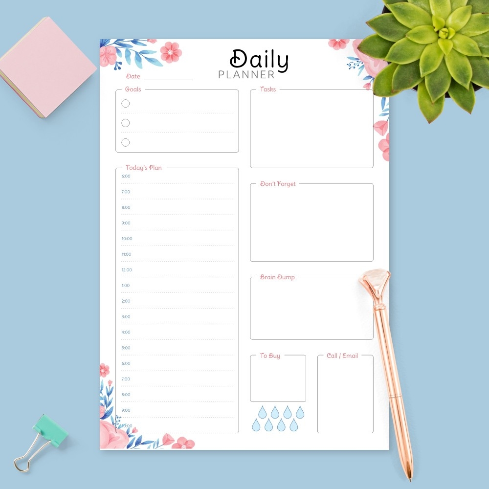 Floral Daily Hourly Agenda Template Printable PDF