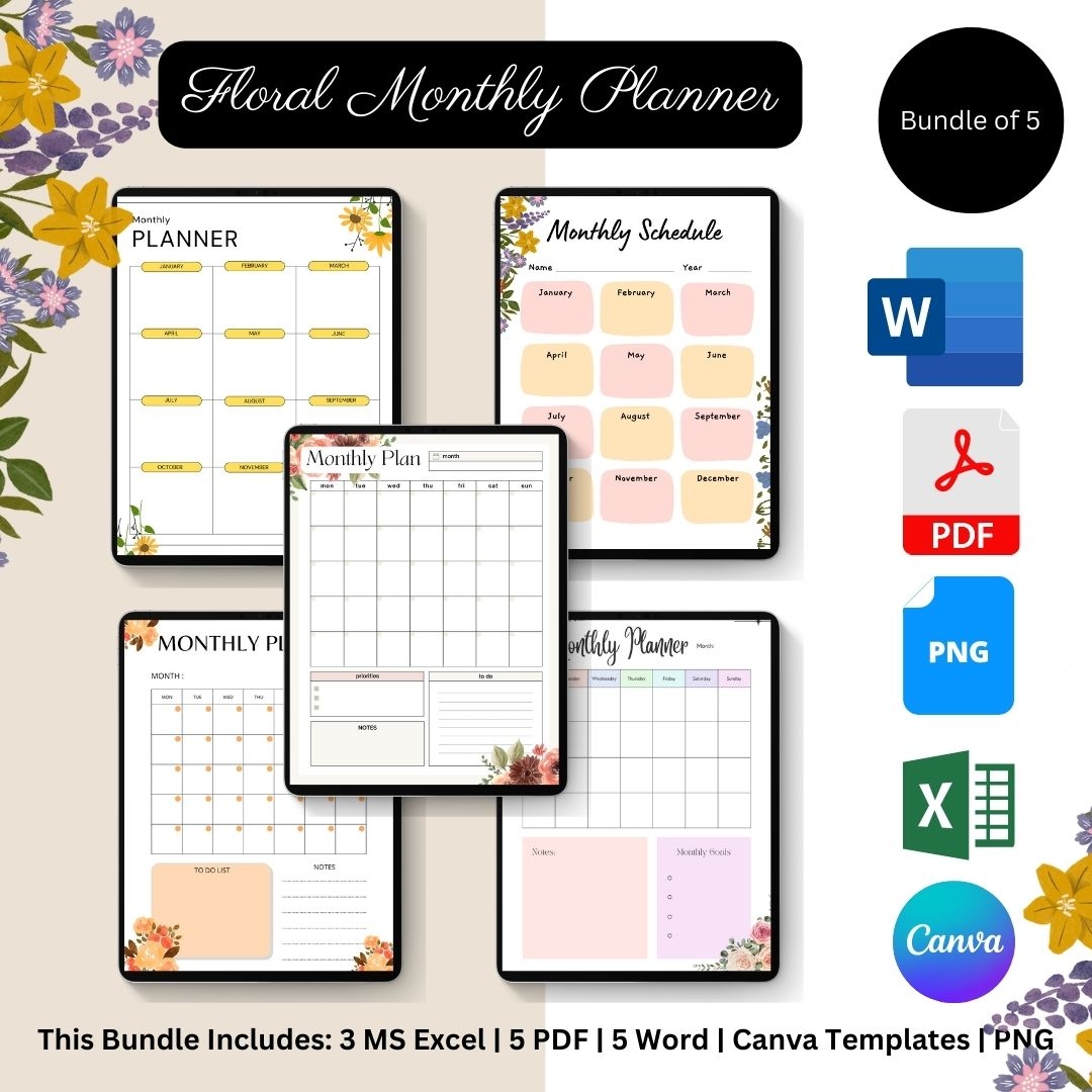 Floral Monthly Planner Template Printable Pdf Word Excel
