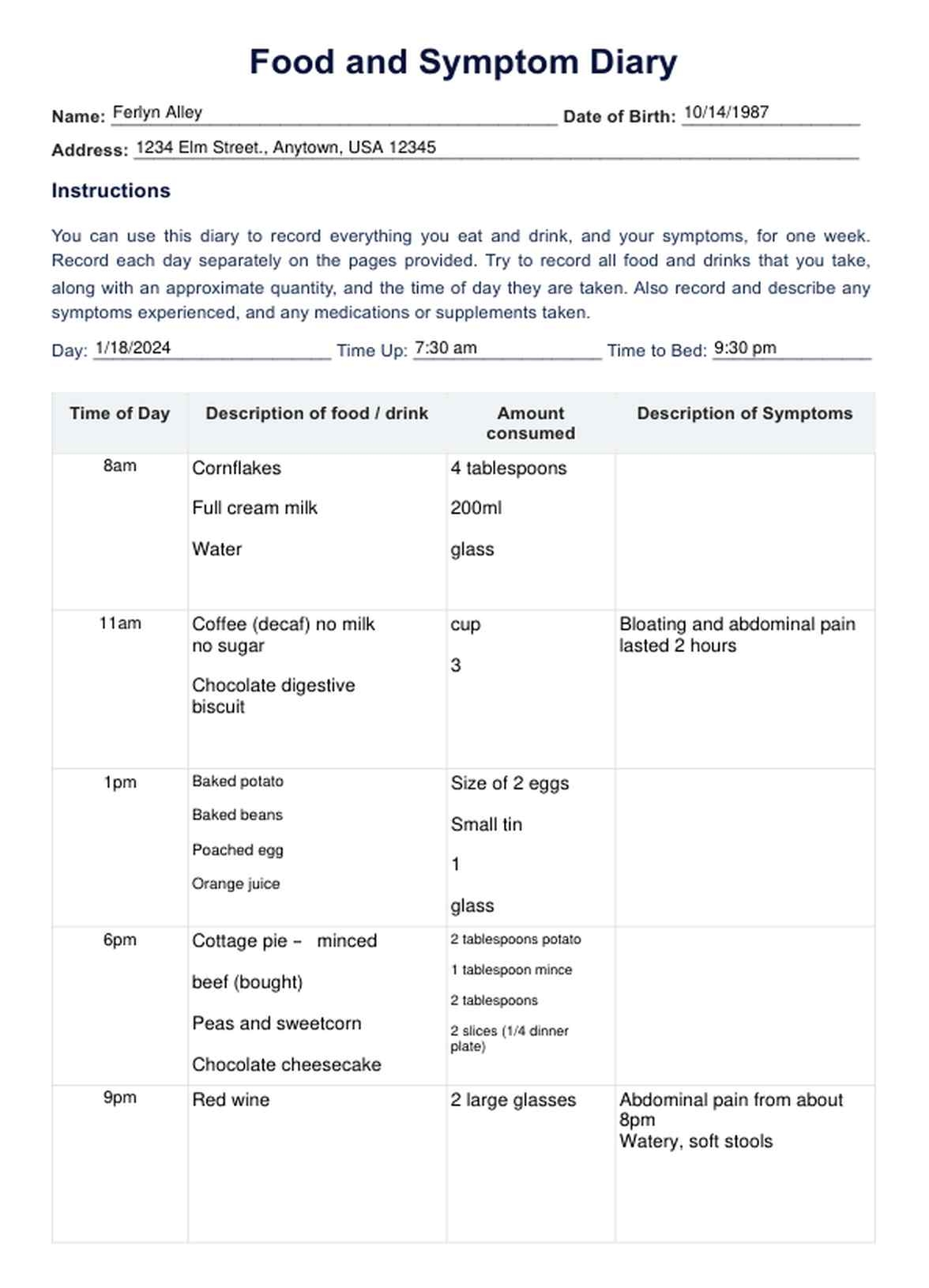 Food And Symptom Diary PDF Example Free PDF Download
