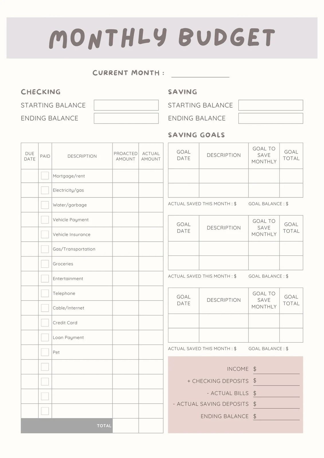 Household Budget Template Printable