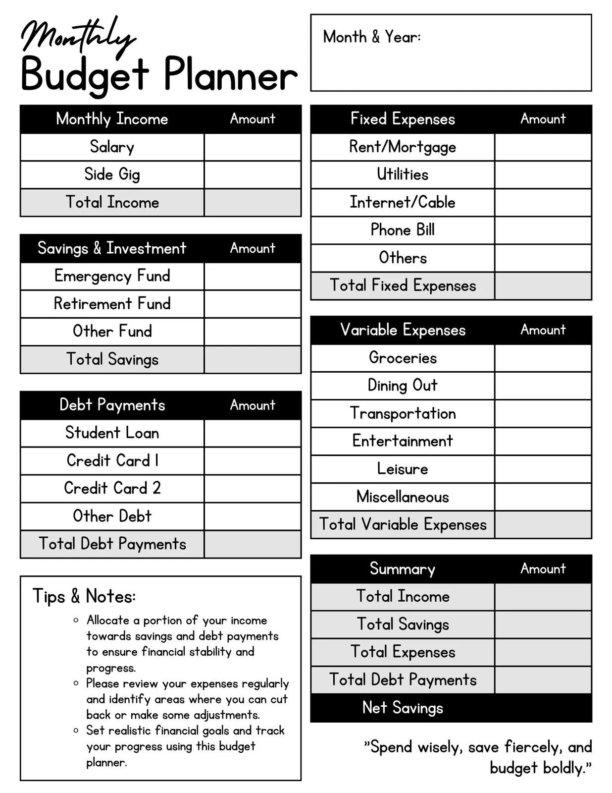 Printable Budget Sheet Template