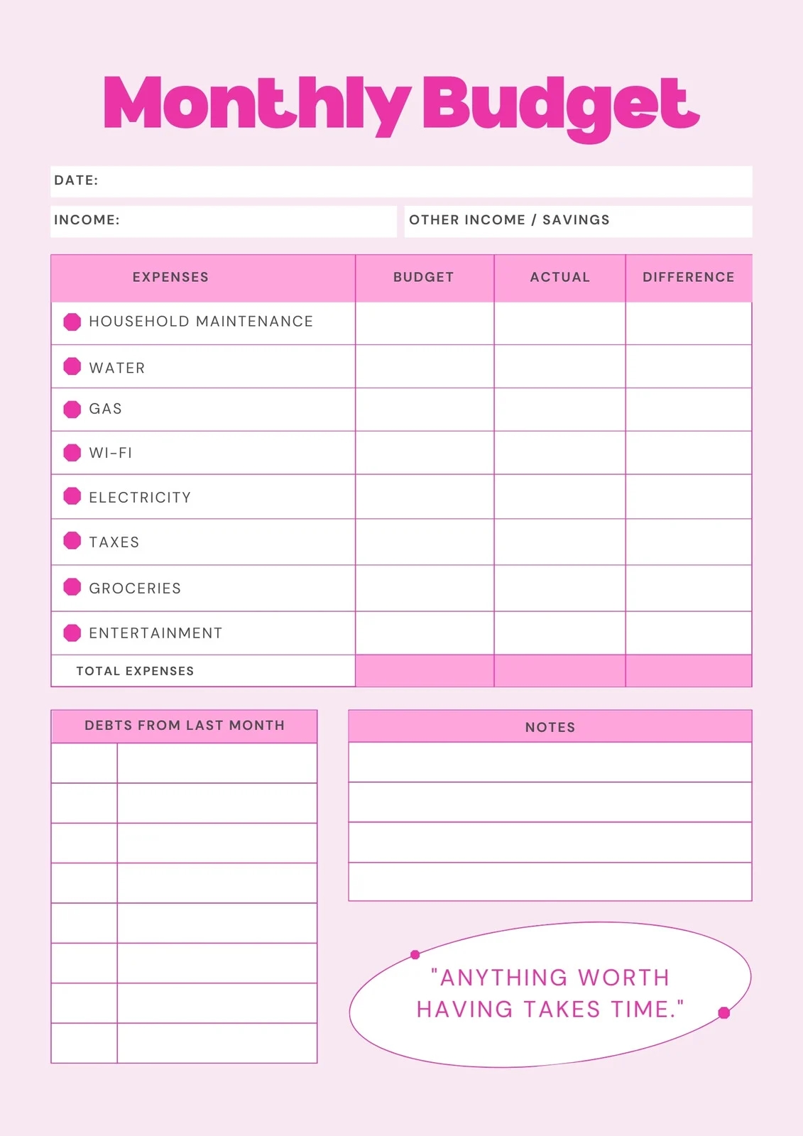 Home Budget Template Printable