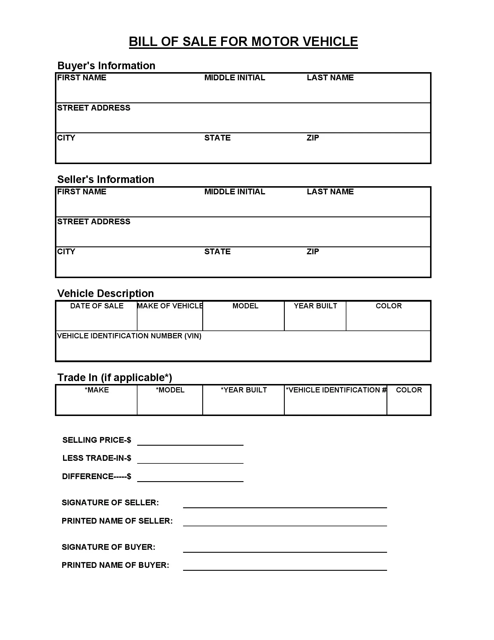 Free Auto Bill Of Sale Forms For Vehicle Deals