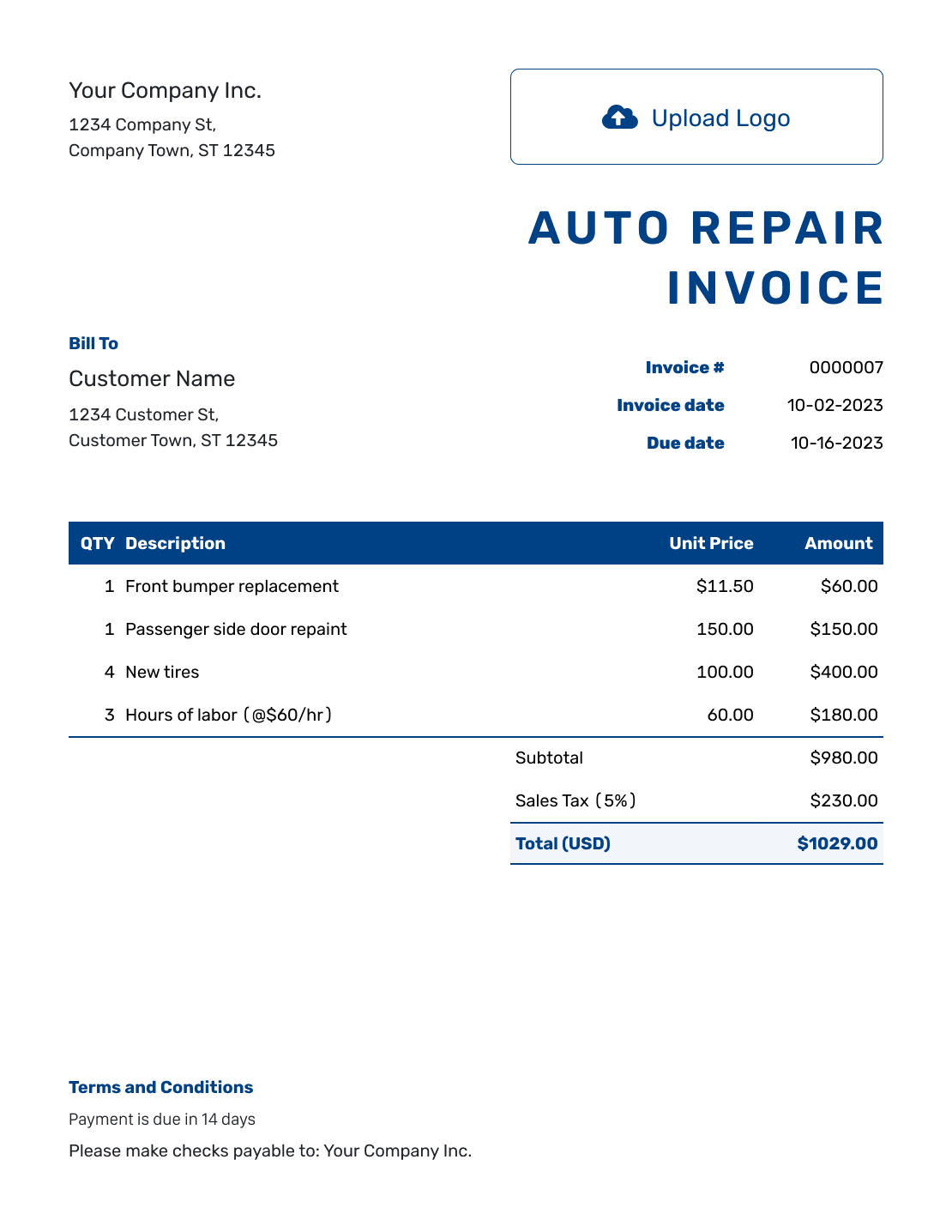 Free Auto Repair Invoice Template Docelf