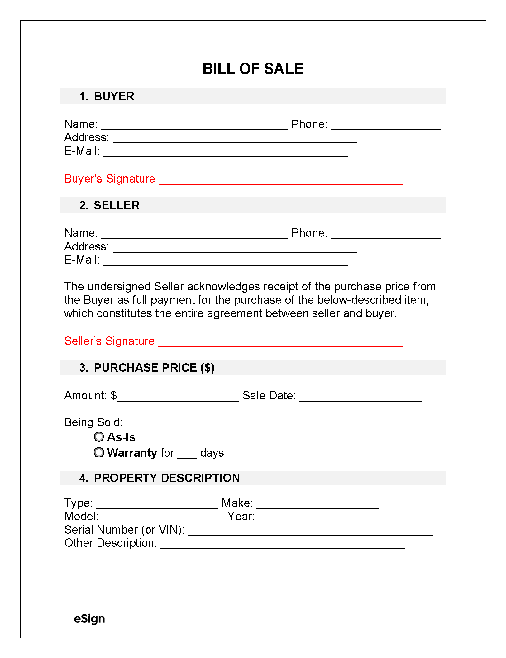 Printable Bill Of Sale Template Free