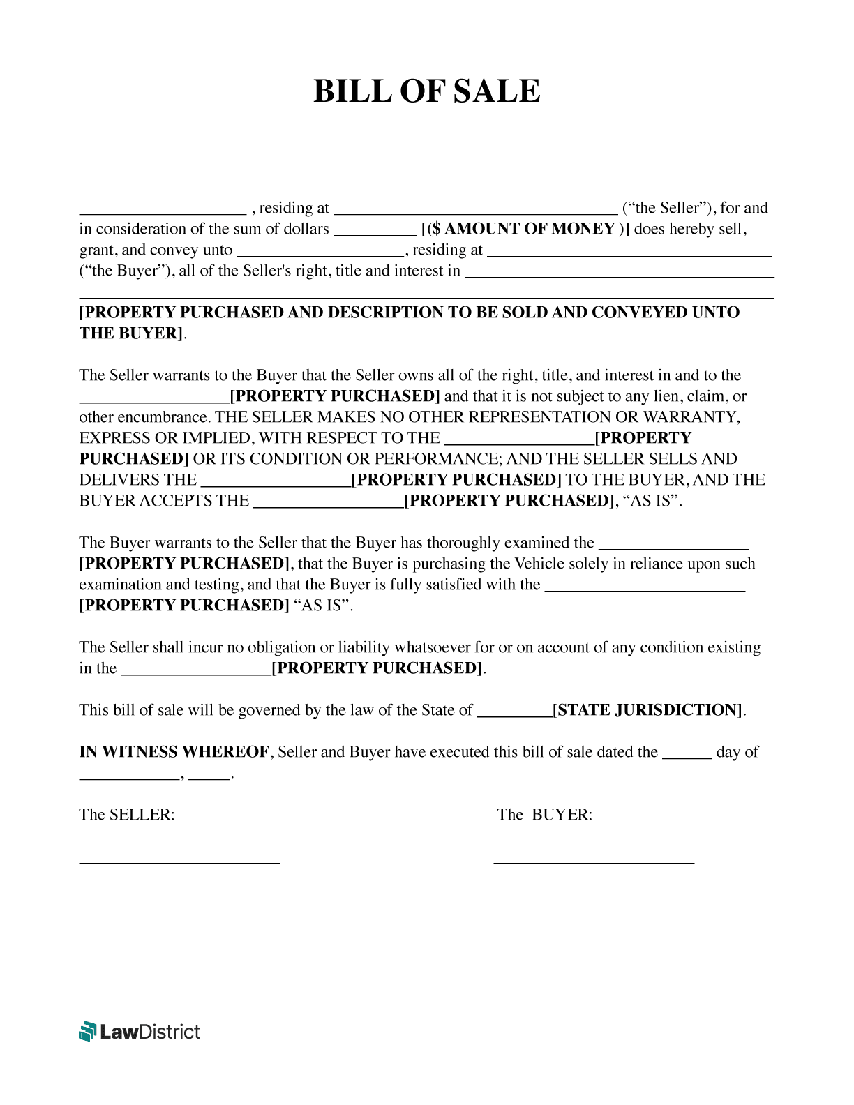 Free Bill Of Sale Templates PDF Word Form LawDistrict