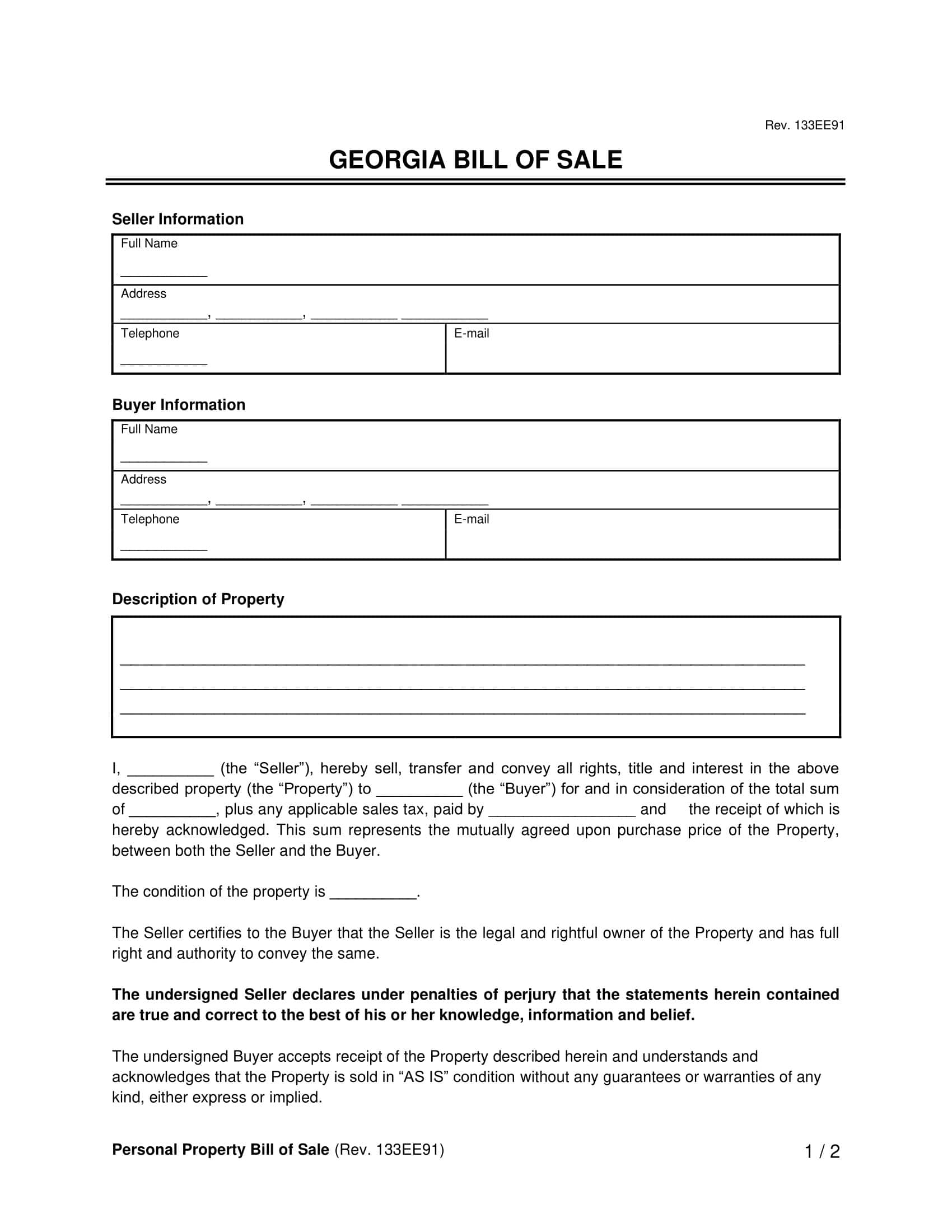 Printable Auto Bill Of Sale Template