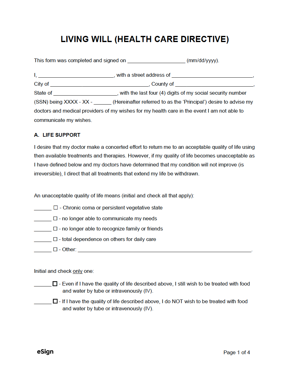 free living will forms pdf word