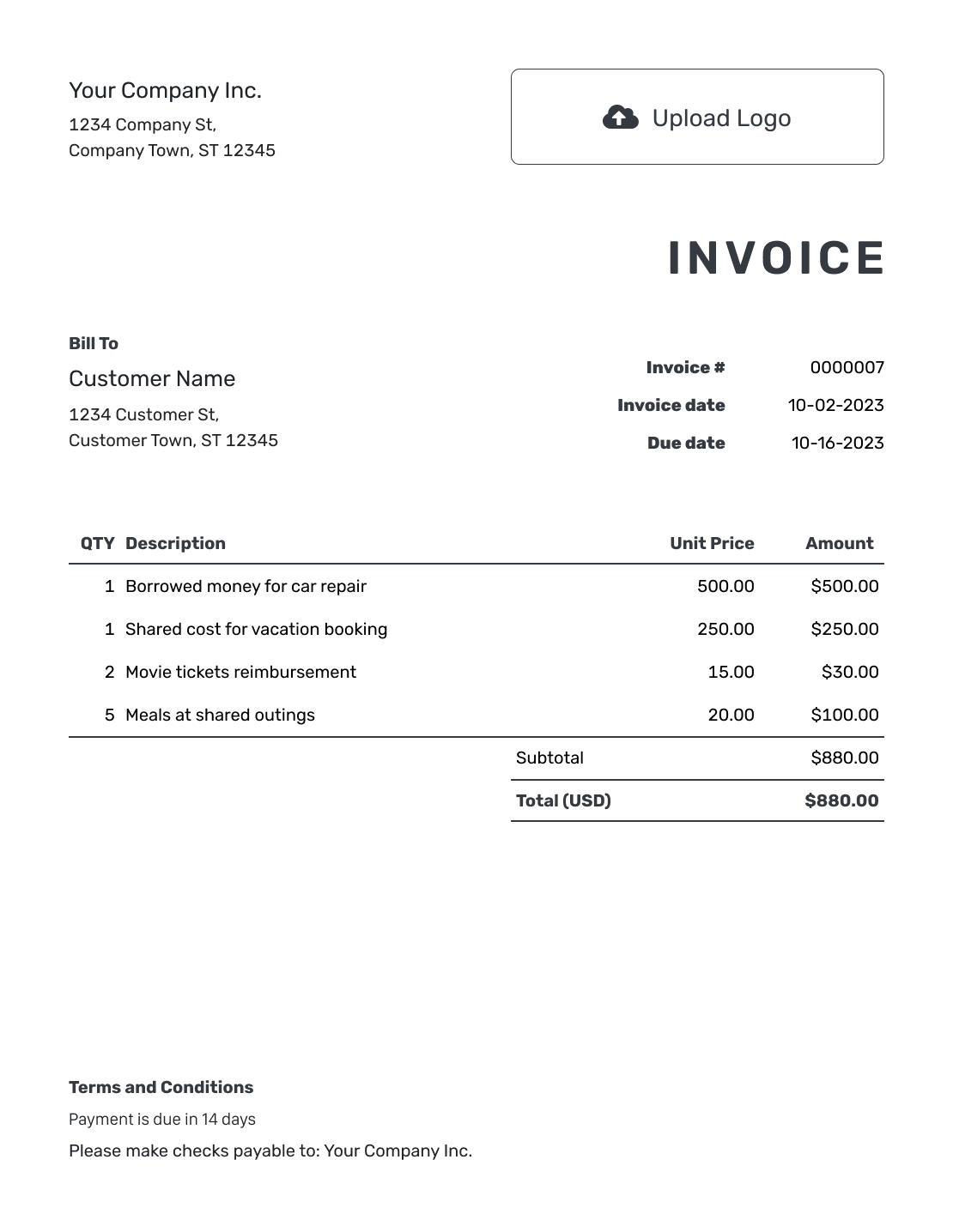 Free Personal Invoice Template Docelf