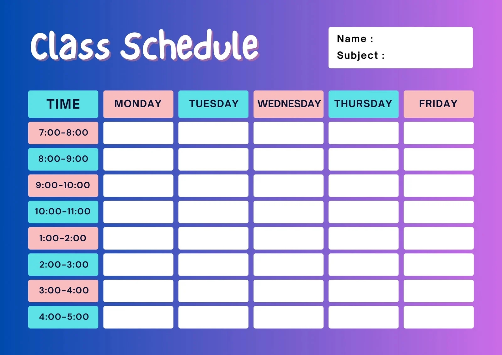 Schedule Template Free Printable