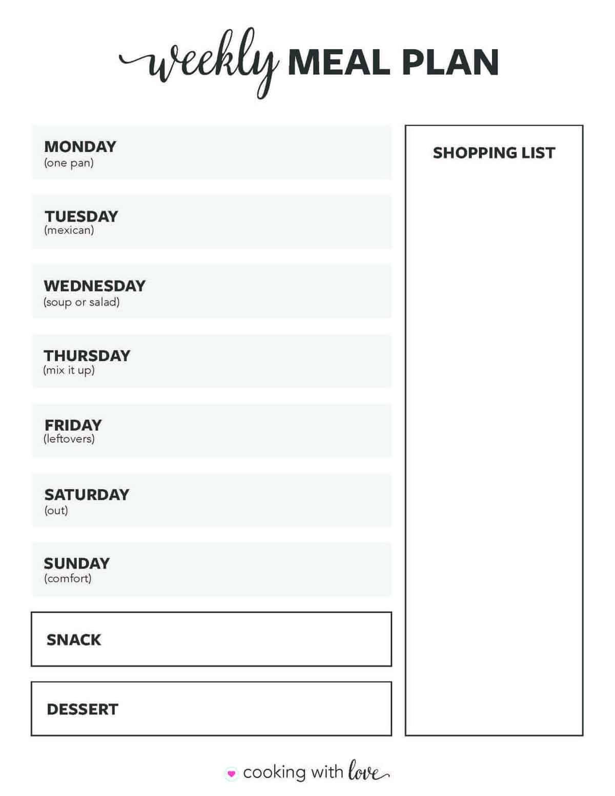 Free Printable Monthly Meal Planner Template