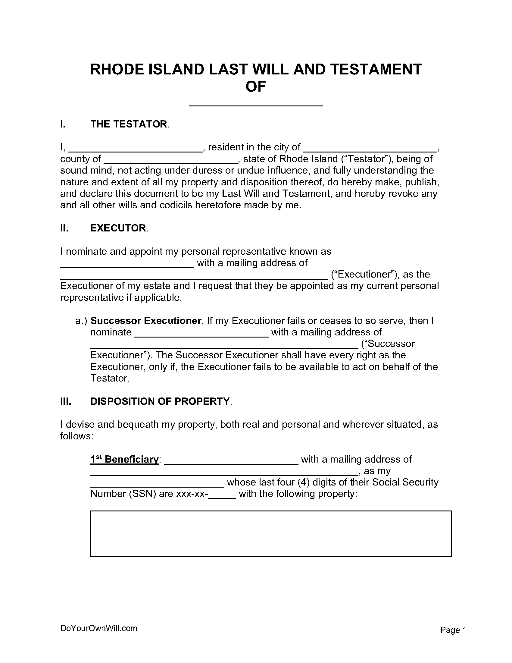 Free Rhode Island Last Will And Testament Form PDF WORD ODT