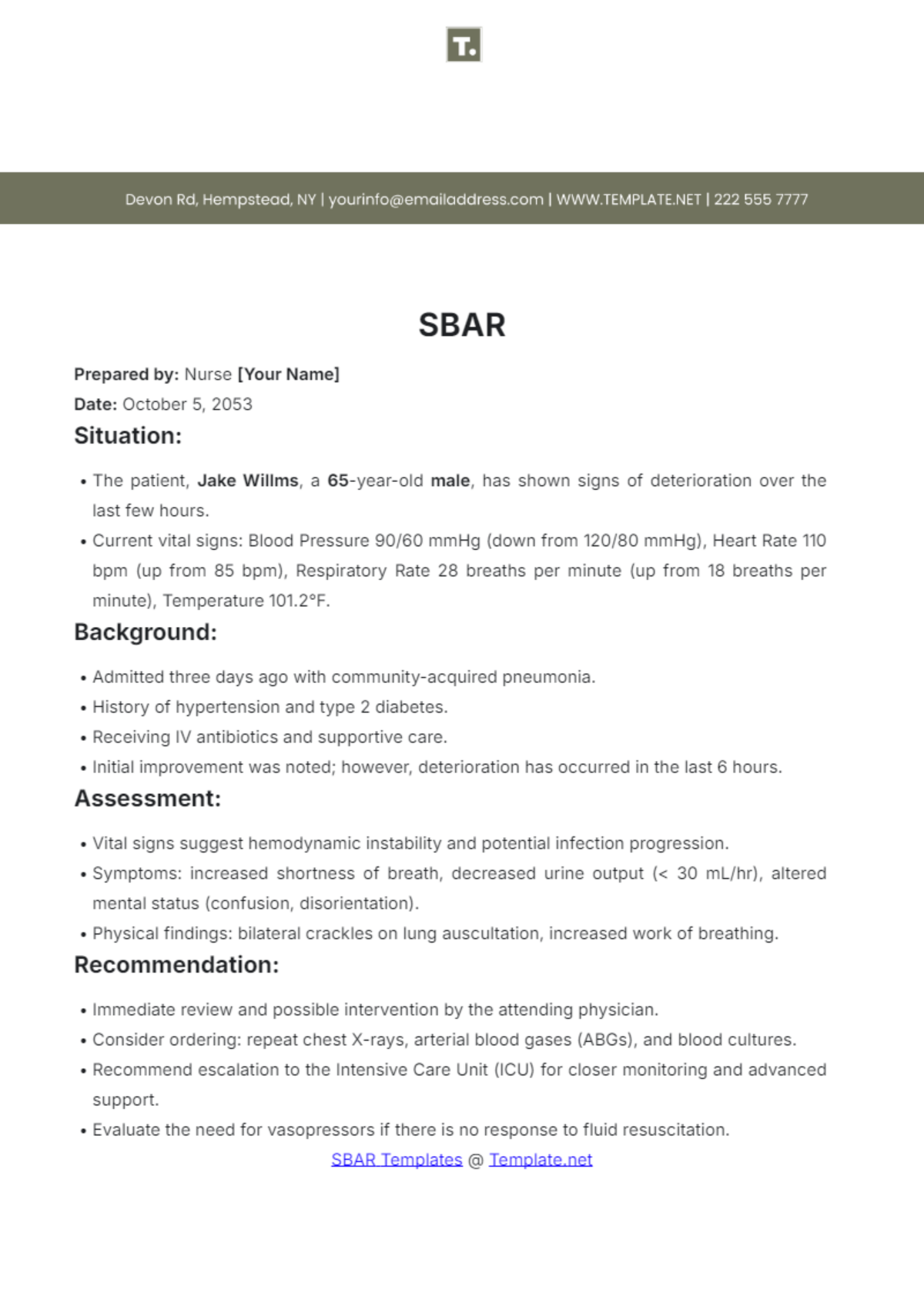 Free SBAR Templates To Edit Online U0026 Print