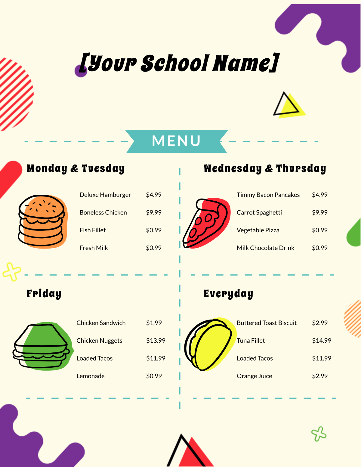 Free School Menu Templates Editable And Printable