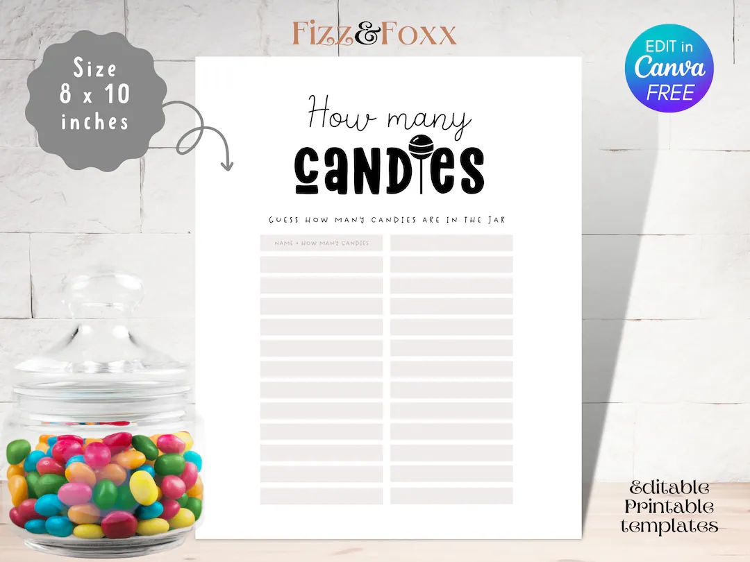 Guess How Many Candies In The Jar Baby Shower Printable Game Guessing Candy Sign Minimalist Baby Shower Games Editable Canva Etsy
