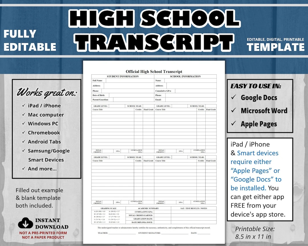 High School Transcript Template Google Docs Editable High School Transcript Template Fillable PDF DIY Homeschool High School Transcript Etsy