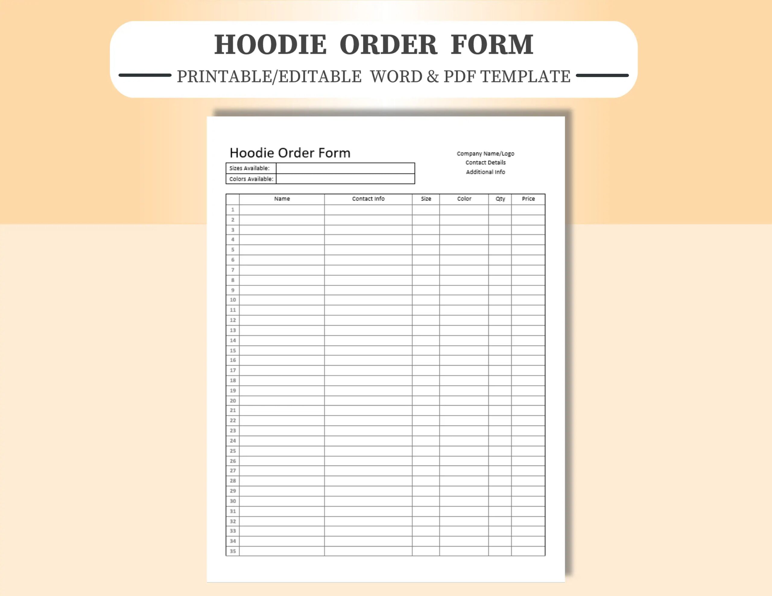Hoodie Order Form Template Editable And Printable In Microsoft 