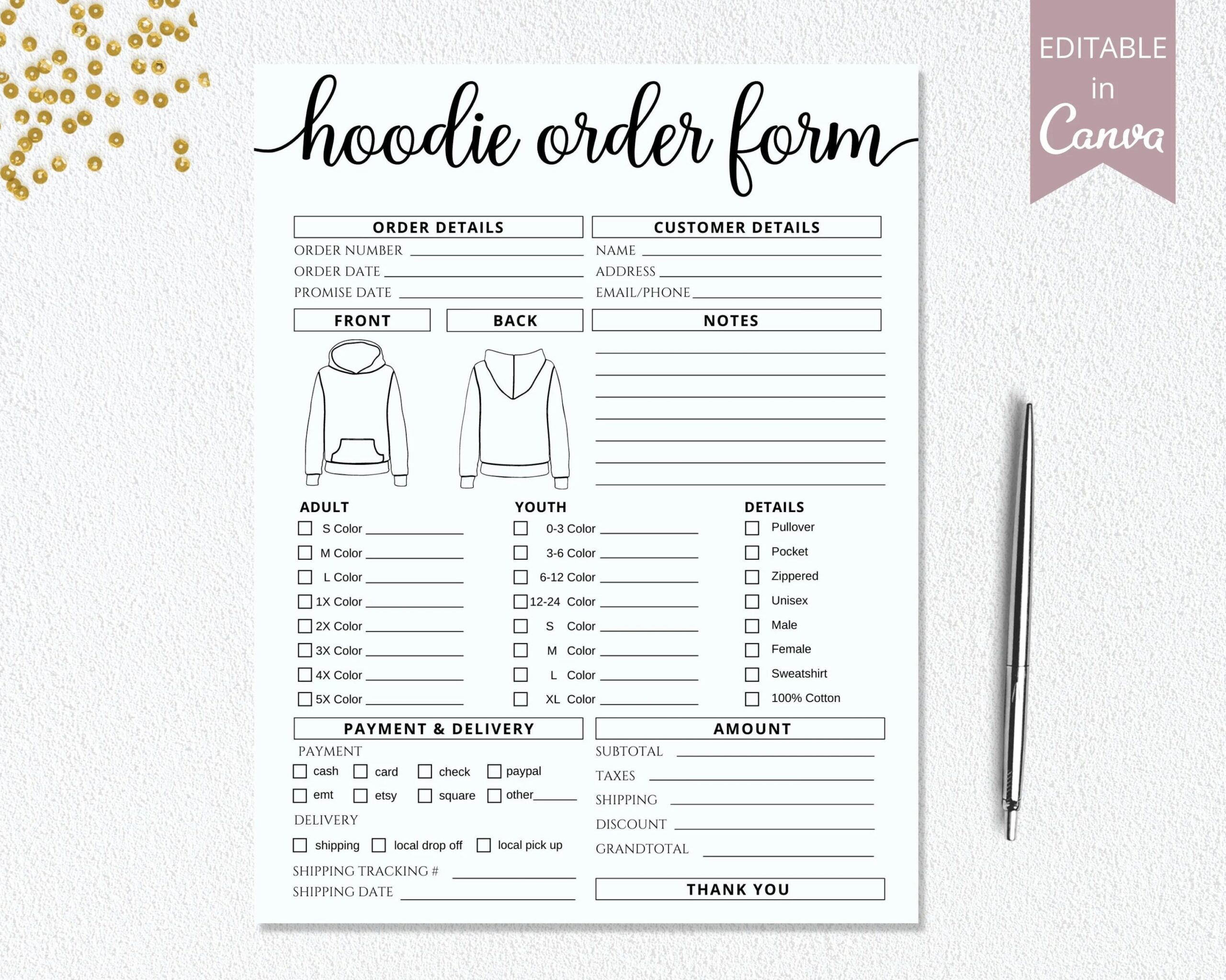 Hoodie Order Form Template I Editable Canva Invoice Template I T shirt Small Business Form I Custom Order Form Printable I Crafters Forms Etsy