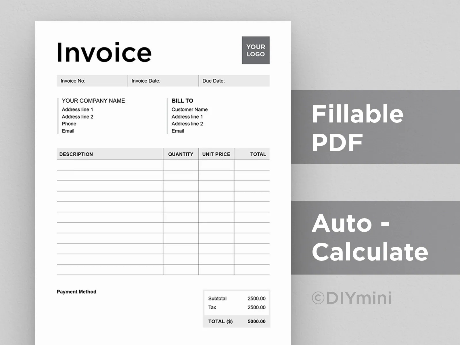 Invoice Template Editable Fillable PDF Template Auto Calculate A4 U0026 US Letter Size Instant Download Printable Etsy UK