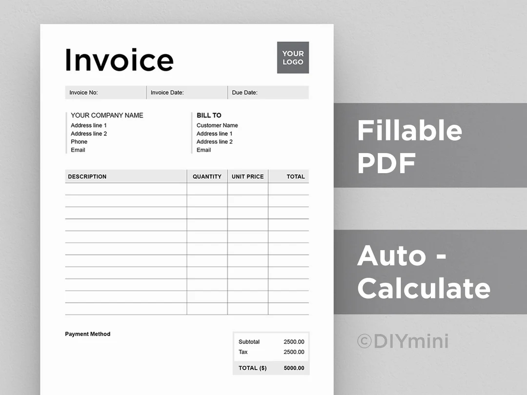 Invoice Template Editable Fillable PDF Template Auto Calculate A4 US Letter Size Instant Download Printable Etsy