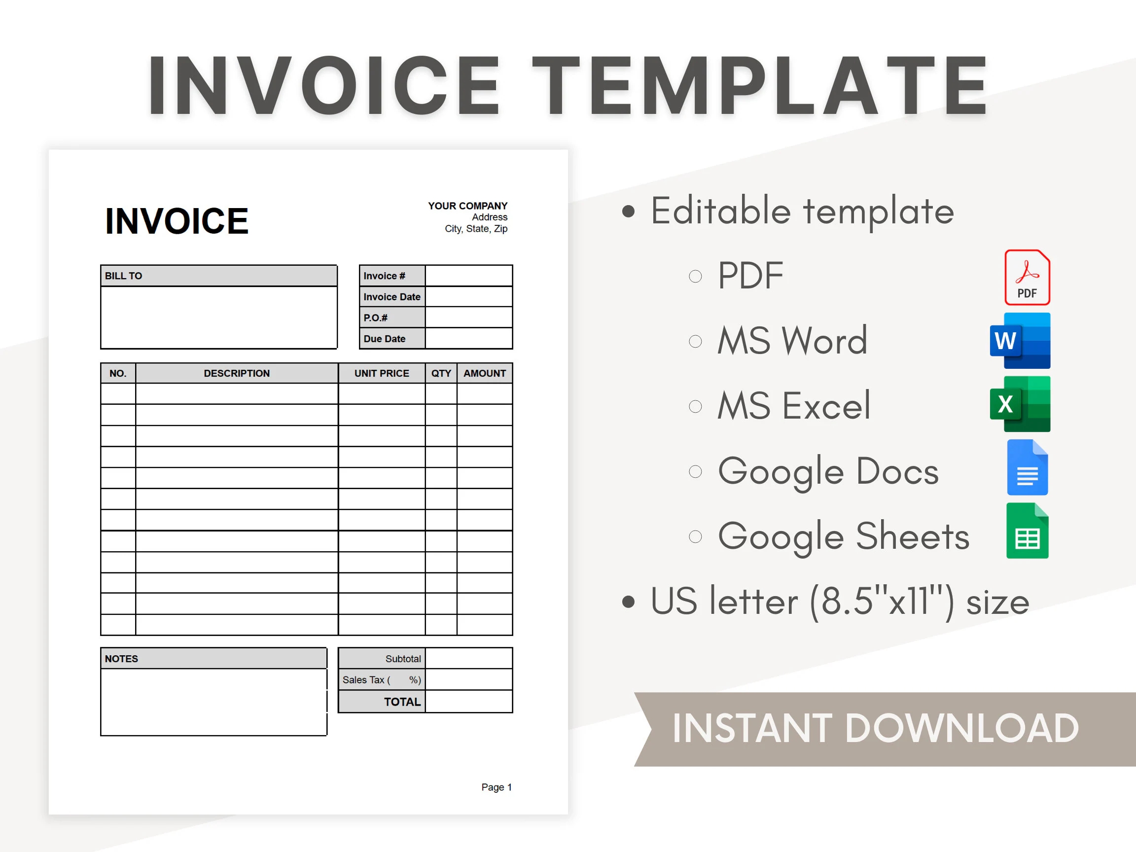 Invoice Template Editable PDF Word Google Docs Google Sheets Template Customizable Professional Invoice Printable Invoice Etsy