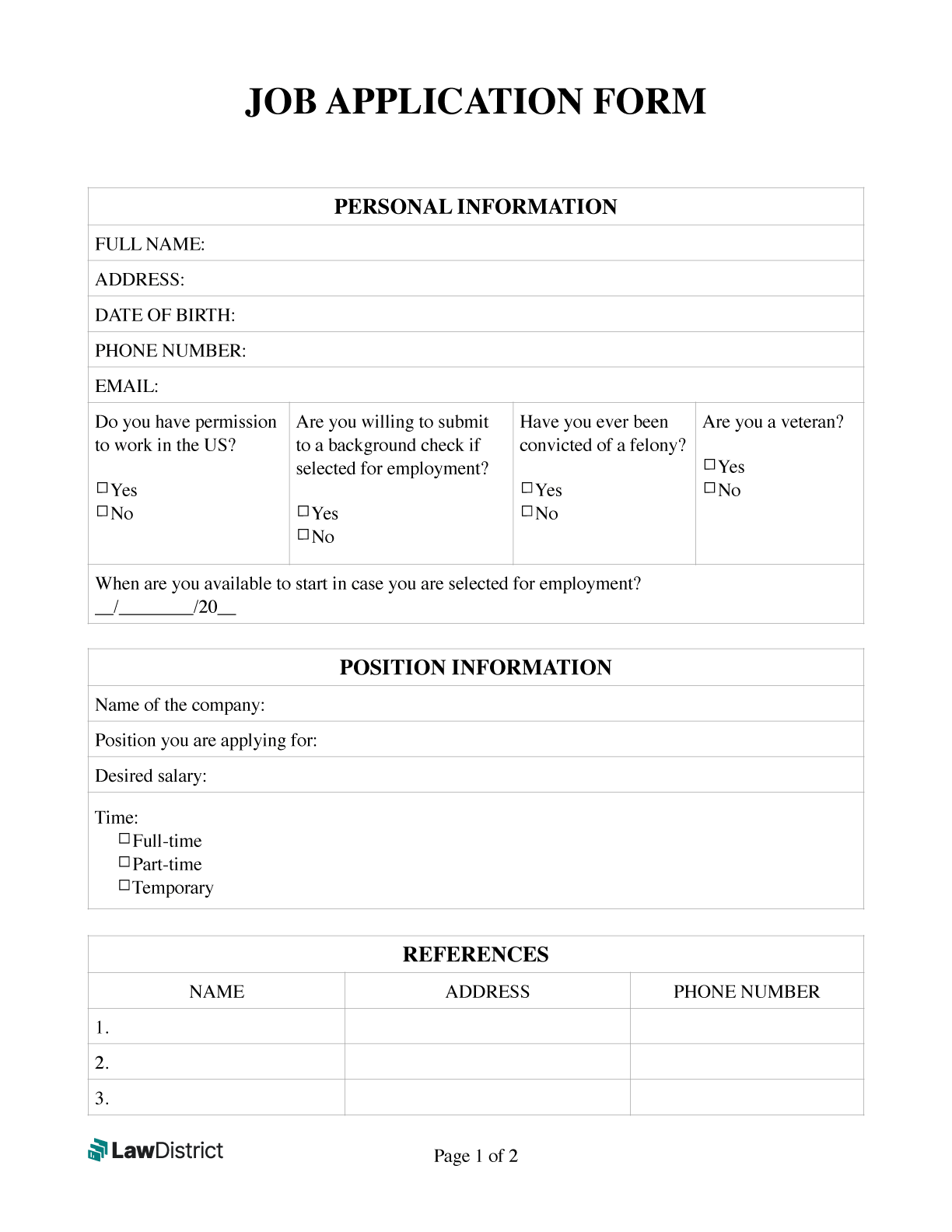 Free Job Application Template Printable