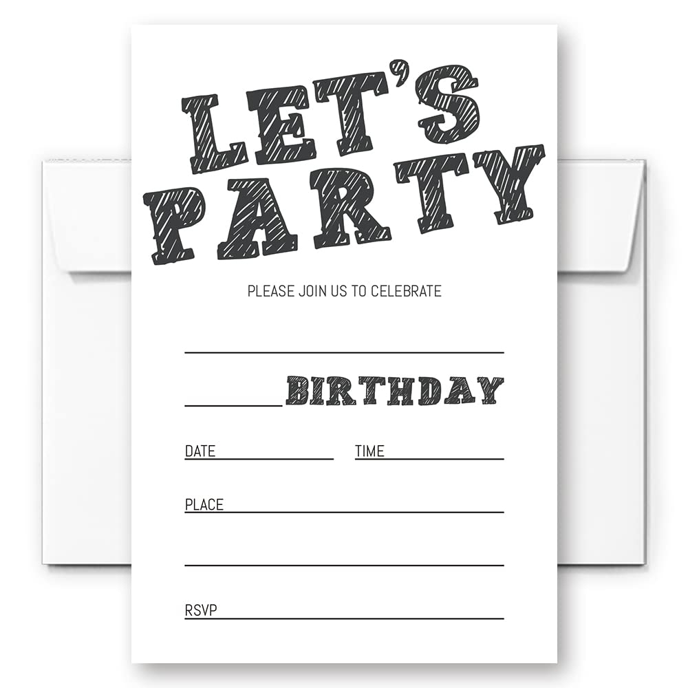 LoaHak Simple Black And White Birthday Invitation Birthday Invitation For Boys Teens Kids Girls Birthday Invitations Birthday Party Invitations 020 let s Party 020 Amazon de Stationery Office Supplies