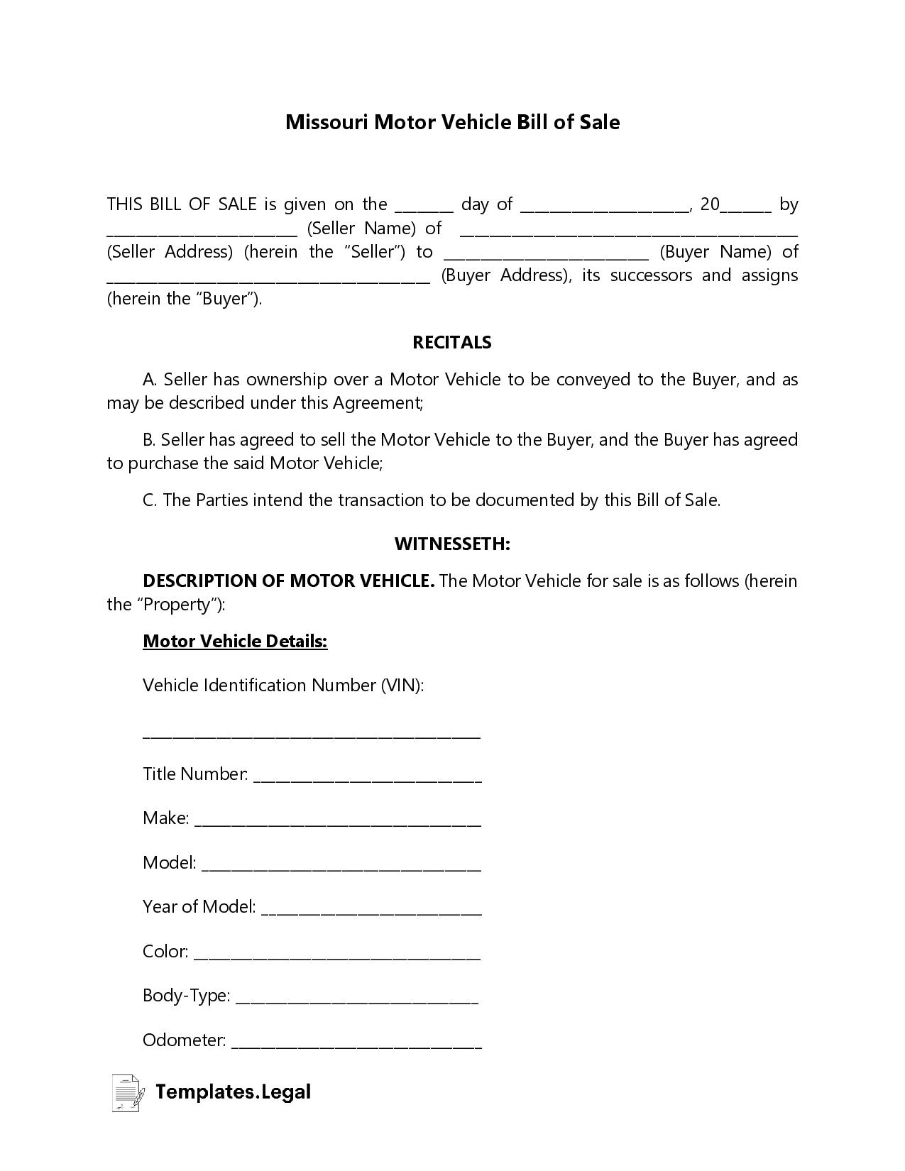 Missouri Bill Of Sale Templates Free Word PDF ODT 