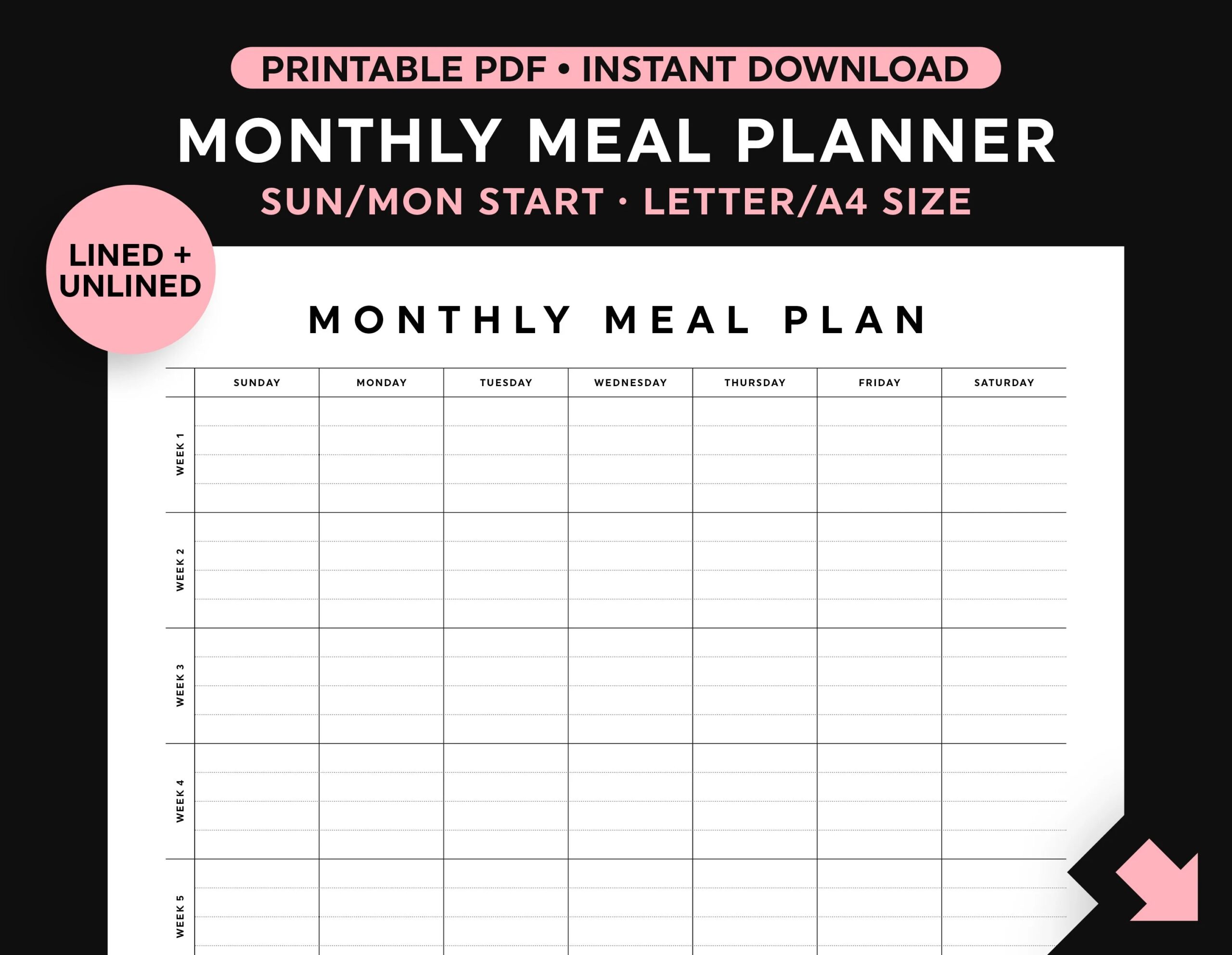 Monthly Meal Planner Meal Planner Printable Monthly Menu Planner Sunday monday Start Landscape Instant Download Etsy