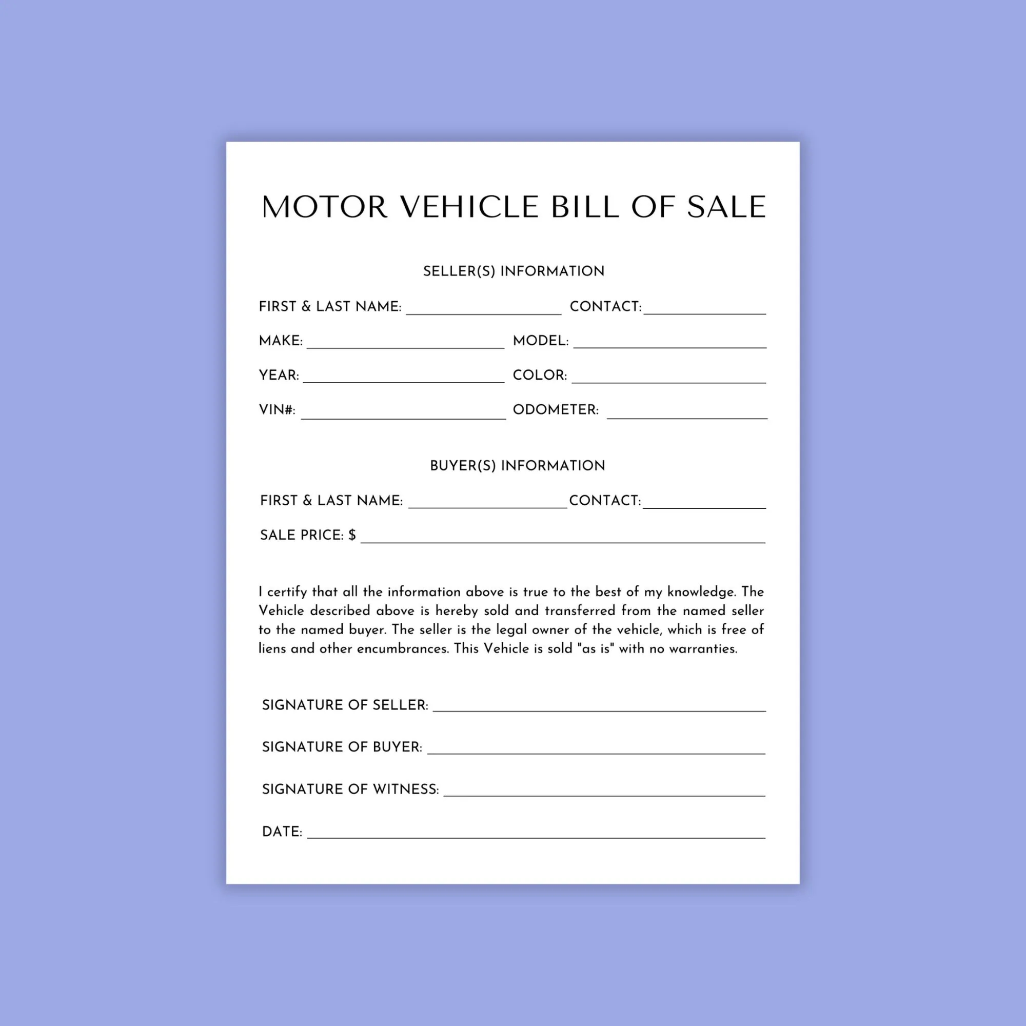 Motor Vehicle Bill Of Sale Blank Auto Bill Of Sale Motor Vehicle Bill Of Sale Template Motor Vehicle Bill Of Sale Printable Form Etsy
