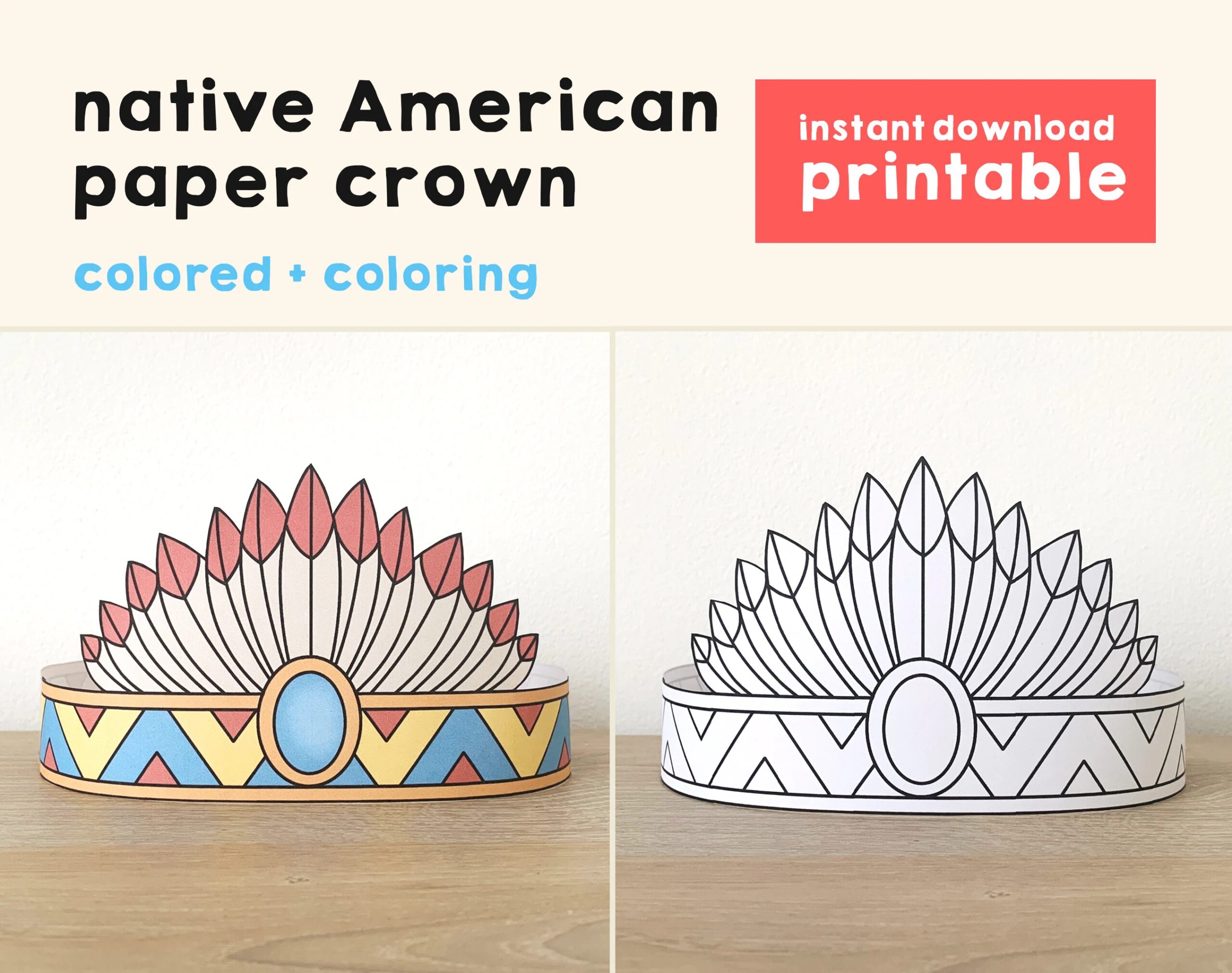 native american paper craft headdress crown party coloring printable kids indian birthday decor printable favor pdf costume instant download etsy