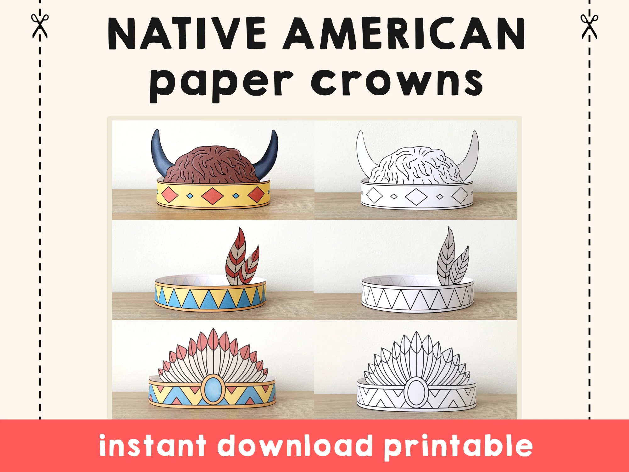 native american paper crown activity printable kids craft headband feather birthday party favor indian costume printable instant download etsy