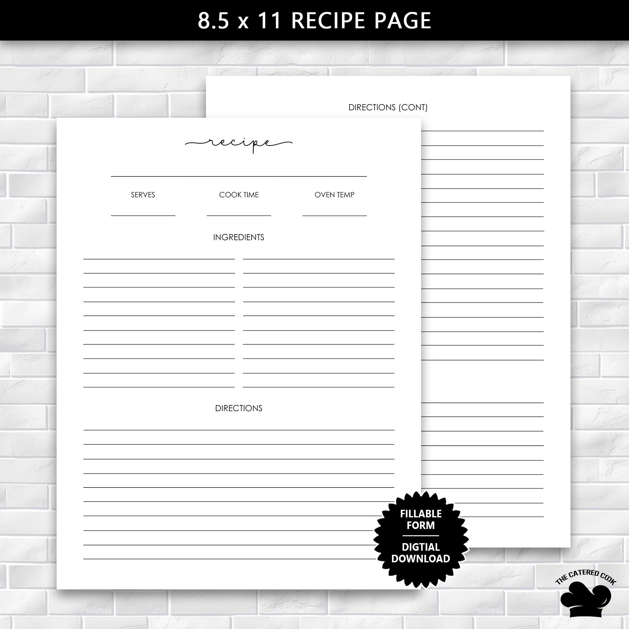 Printable 8 5 X 11 Recipe Page With A Fancy Style Title Fillable Recipe Page For Cooking Blank Recipe Page Instant Download Recipe Page Etsy