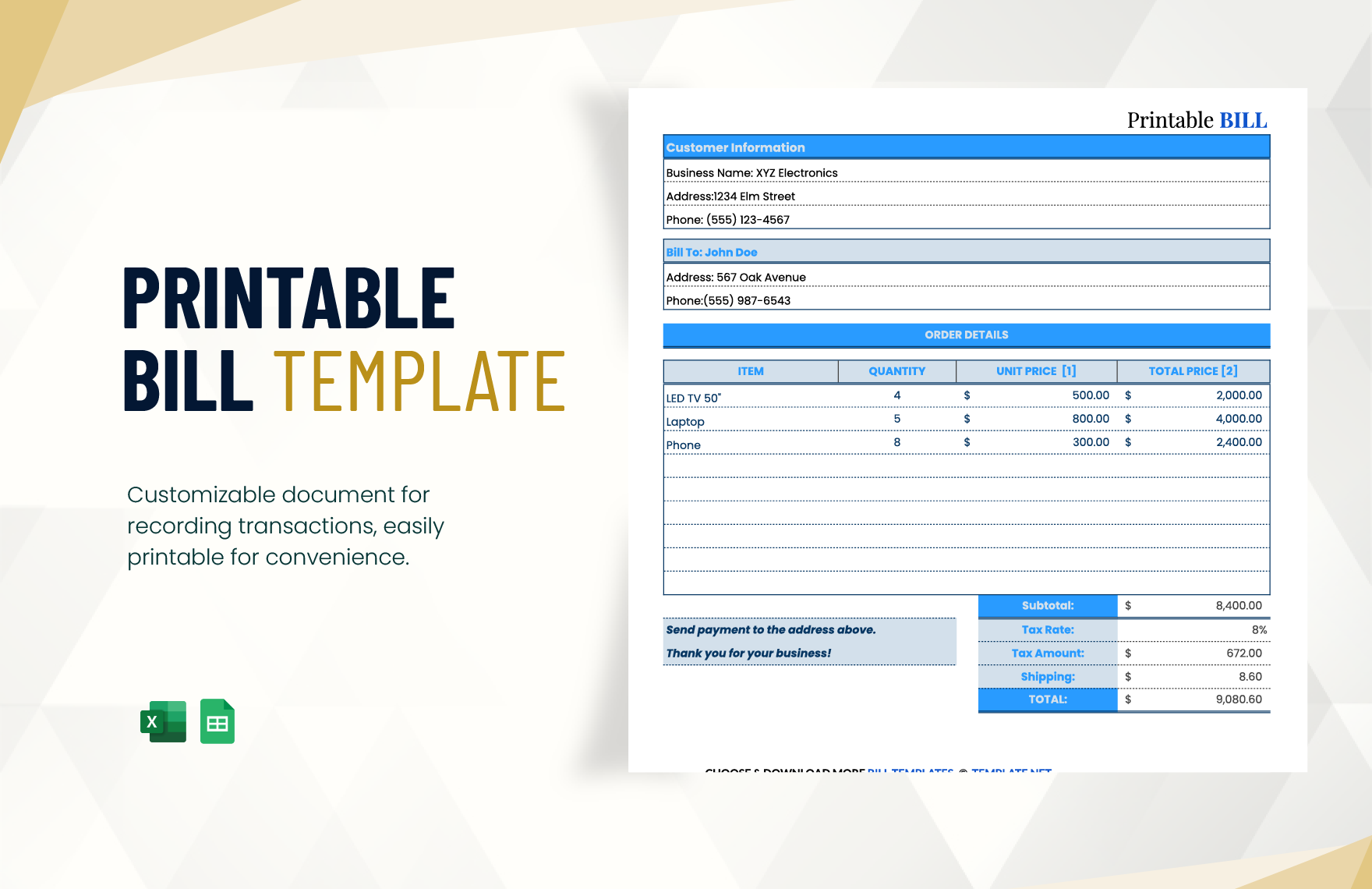Printable Bill Template In Excel Google Sheets Download Template