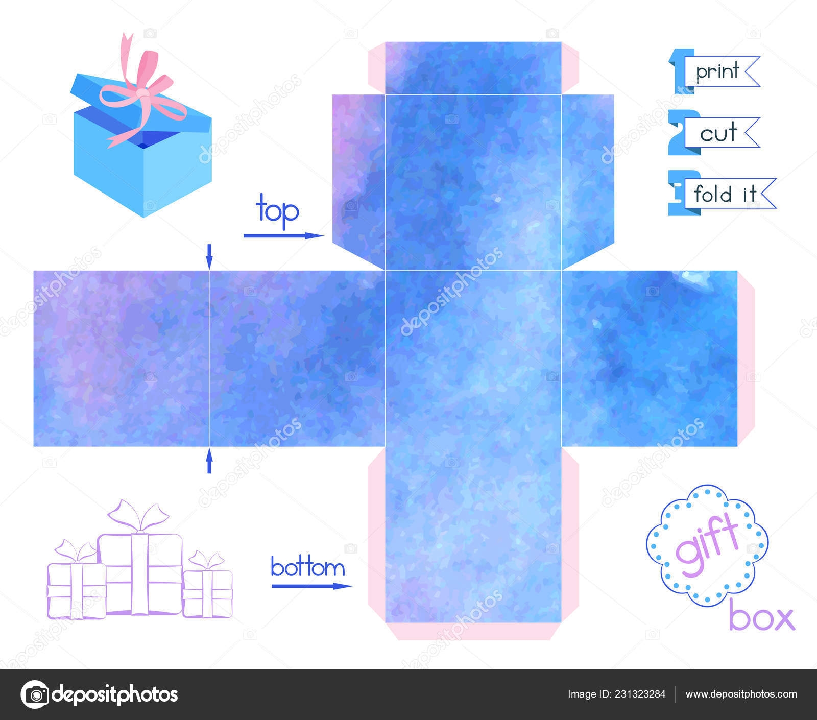 Printable Gift Box Blue Blurring Watercolor Imitation Template Cubic Paper Stock Vector By KsanasK 231323284